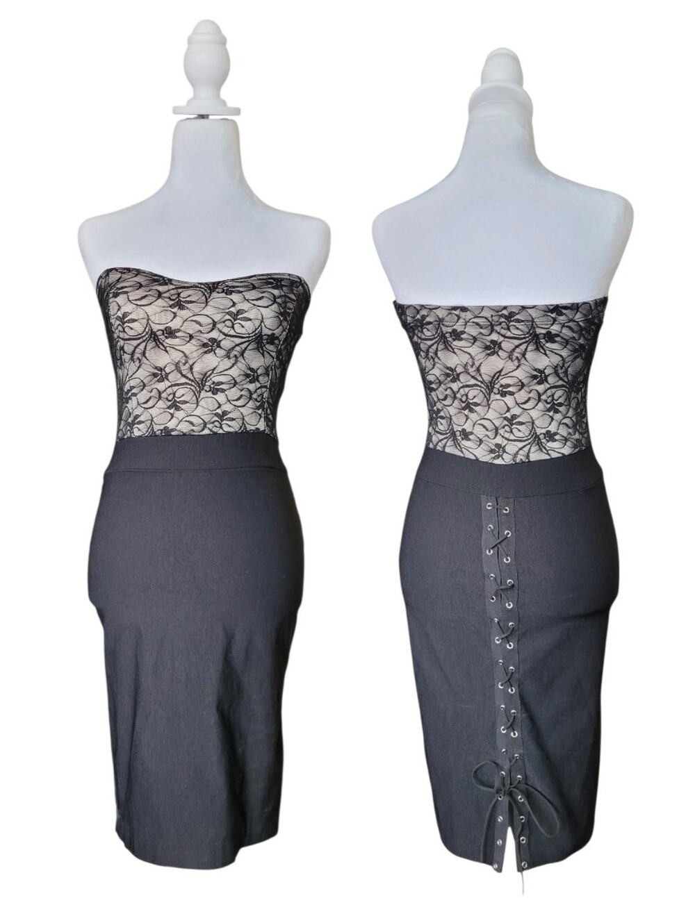 Vintage Strapless Black Lace Bodice Bodycon Dress With Lace-up Skirt Goth 90s M